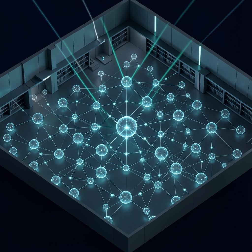 Futuristic digital library environment with glowing network topology